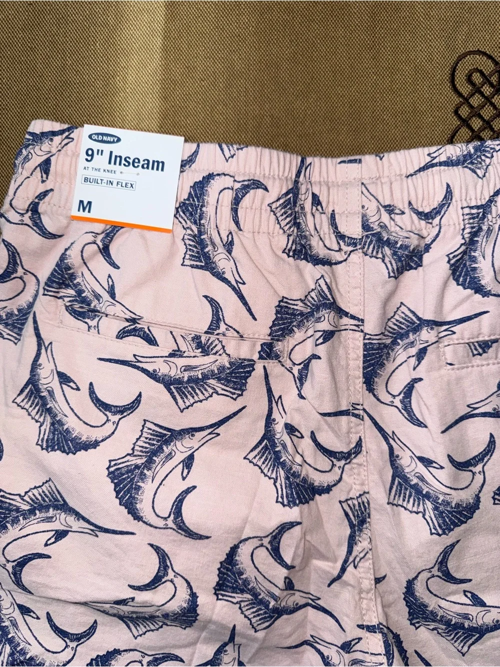 Old Navy NWT! Men'S Pink Marlin Fish Print Shorts Chino Elastic Waist Drawstring